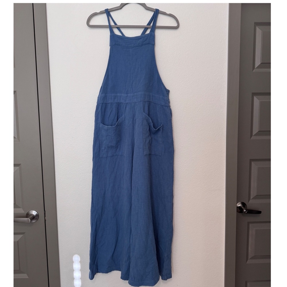 Entro Blue Gauze Cotton Wide Leg Jumpsuit Overalls Boho Coastal Summer Small jj